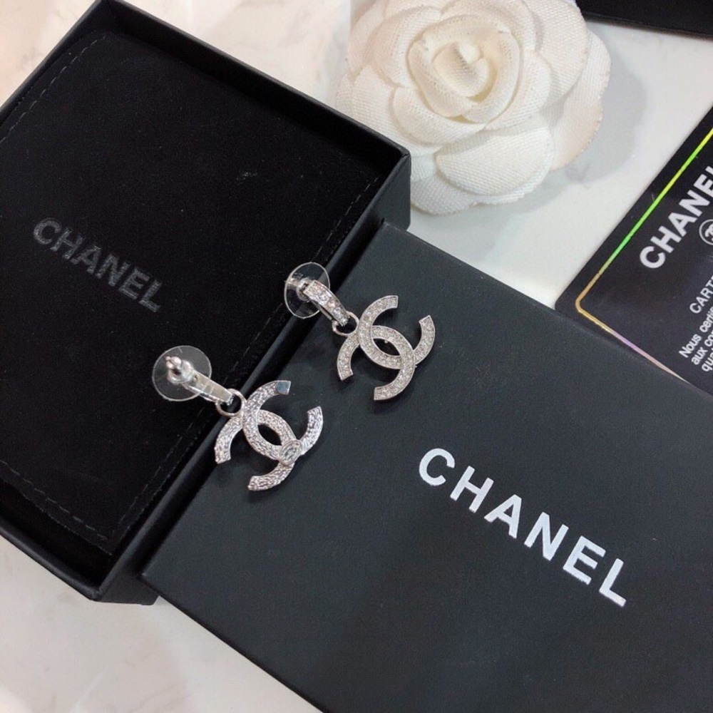 CHANEL Silver Crystal CC Drop Earrings - Picture 4 of 4